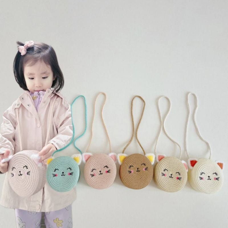 [앙상블] 아동 동글이 고양이 밀짚 가방 라탄 키즈 여아 크로스가방 백 여자 이미지