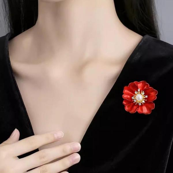 붉은 모란 동백 꽃 진주 지르코니아 팬던트형 브로치 이미지