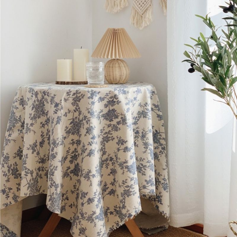 블루 플라워 린넨 원형 사각 식탁보 식탁덮개 이미지